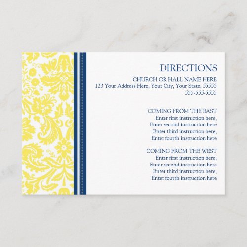Wedding Direction Cards Lemon Blue Damask