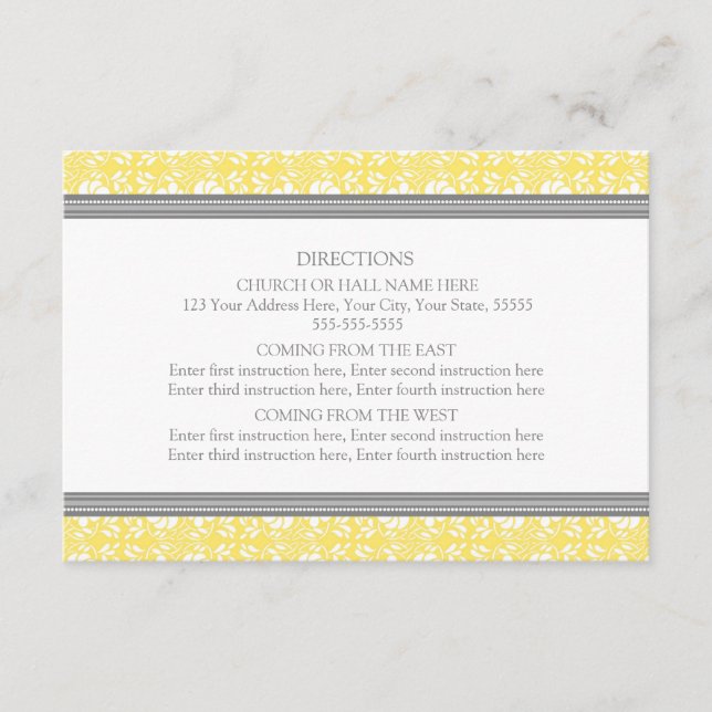 Wedding Direction Cards Lemon Gray Damask (Front)
