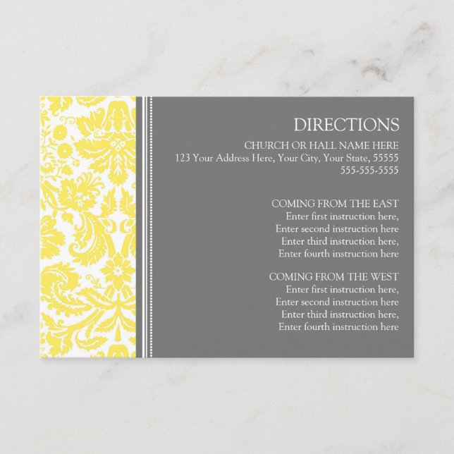 Wedding Direction Cards Lemon Grey Damask (Front)