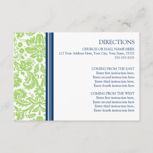 Wedding Direction Cards Lime Blue Damask