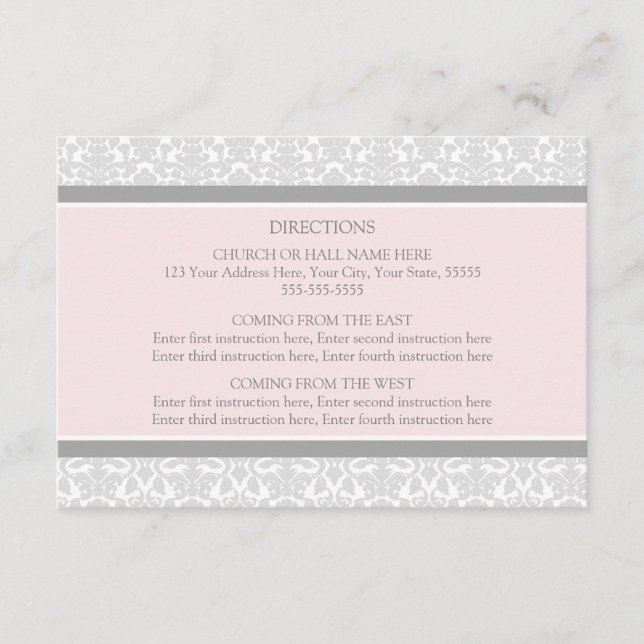 Wedding Direction Cards Pink Gray Damask (Front)