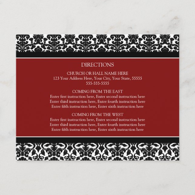 Wedding Direction Cards Red Black Damask (Front)