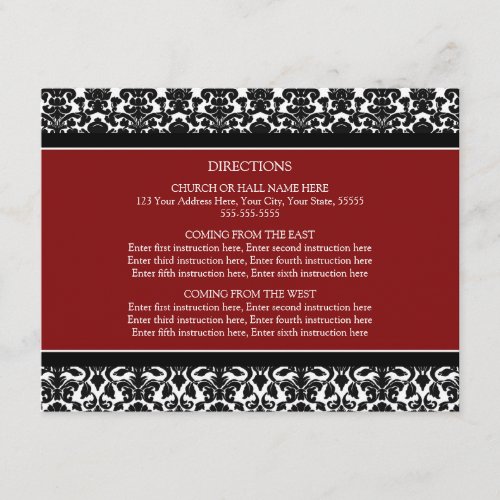 Wedding Direction Cards Red Black Damask
