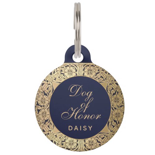 Wedding Dog of Honor Navy Blue Vintage Gold Roses  Pet ID Tag