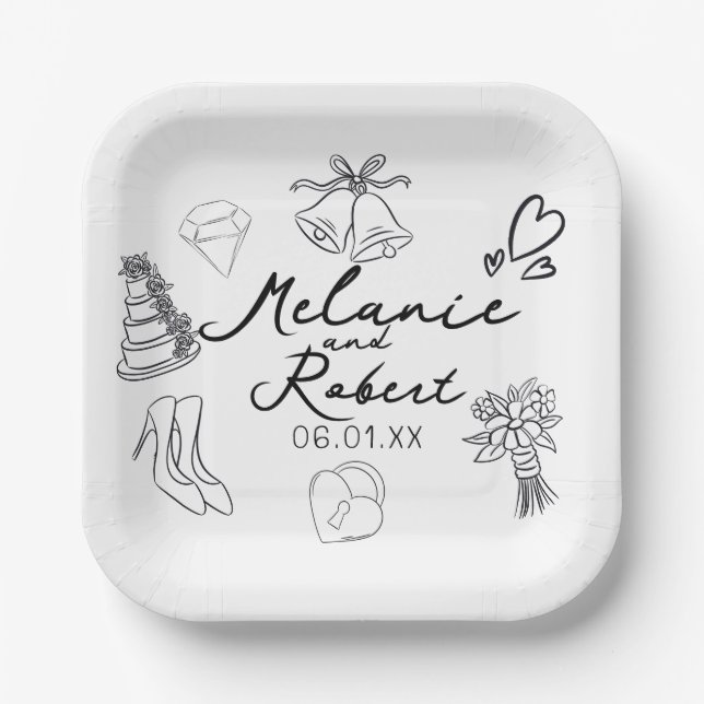 Wedding Doodle Save the Dates Wedding Anniversary  Paper Plates (Front)