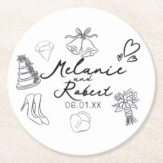 Wedding Doodle Save the Dates Wedding Anniversary Round Paper Coaster