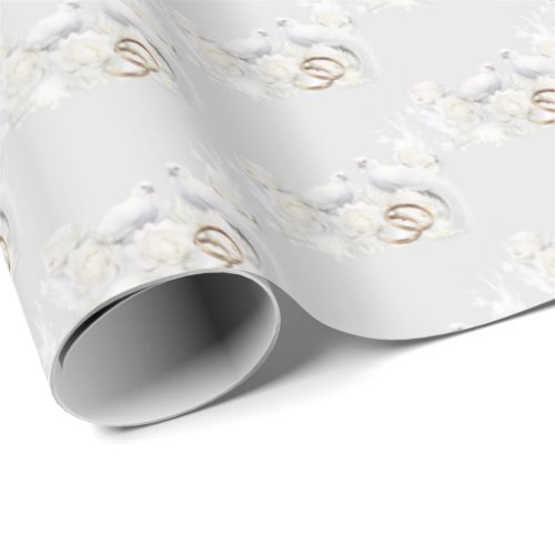 Wedding Doves and Rings On Silver Wrapping Paper