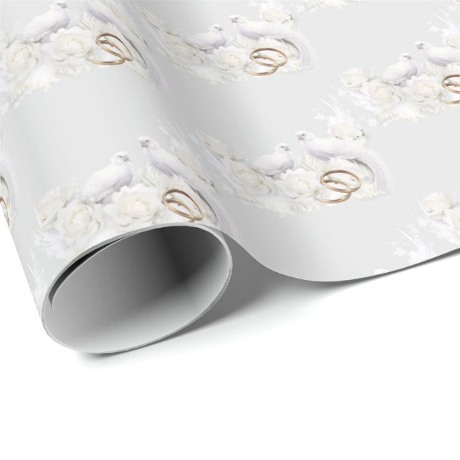 Wedding Doves and Rings On Silver Wrapping Paper (Roll Corner)