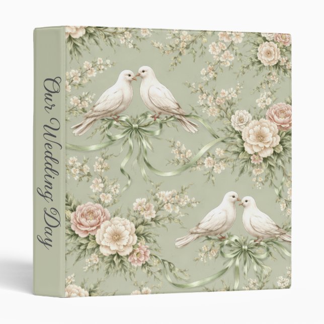 Wedding Doves and Sage Green Ribbons 3 Ring Binder (Front/Spine)