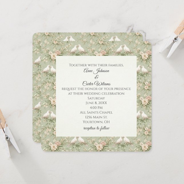 Wedding Doves and Sage Green Ribbons Invitation (Front/Back In Situ)