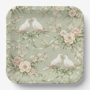 Wedding Doves and Sage Green Ribbons Paper Plates