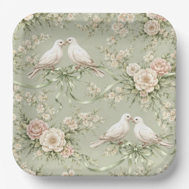 Wedding Doves and Sage Green Ribbons Paper Plates (Front)