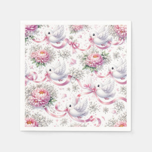 Wedding Doves with Pink Peonies and Ribbons Napkins