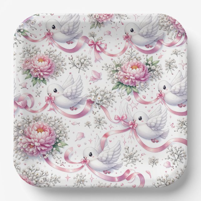 Wedding Doves with Pink Peonies and Ribbons Paper Plates (Front)