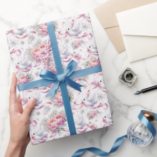 Wedding Doves with Pink Peonies and Ribbons Wrapping Paper