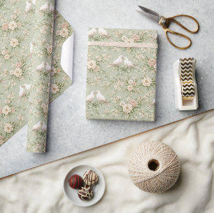 Wedding Doves with Roses and Ribbons Wrapping Paper