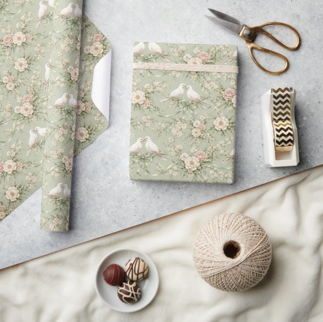 Wedding Doves with Roses and Ribbons Wrapping Paper (Crafts)