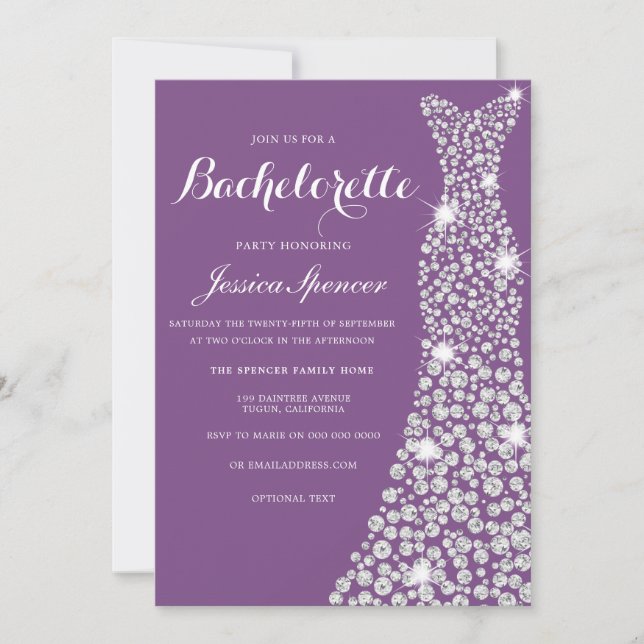 Wedding Dress Bachelorette Party Purple Invite (Front)