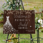 Wedding dress barn wood bridal shower welcome sign<br><div class="desc">White glittery diamonds wedding dress on a dark brown barn wood background with twinkle lights making a simple rustic modern elegant bridal shower personalized welcome sign.</div>