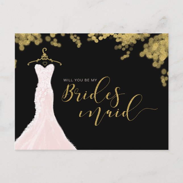 Wedding Dress Black Gold Will You Be Bridesmaid Invitation Postcard (Front)