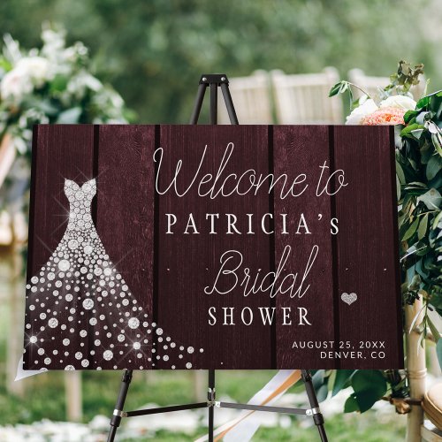 Wedding dress burgundy bridal shower welcome sign