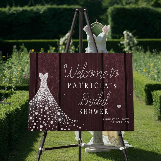 Wedding dress burgundy bridal shower welcome sign (Creator Uploaded)