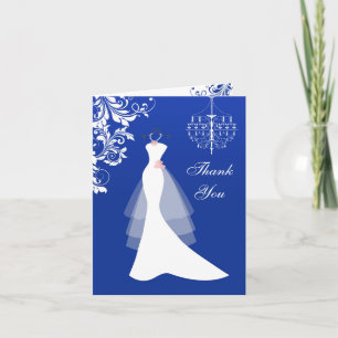 Wedding dress, chandelier on royal blue Thank You Card