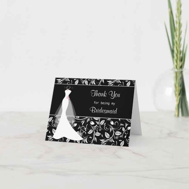 Wedding dress, damask on black Thank you Card (Front)