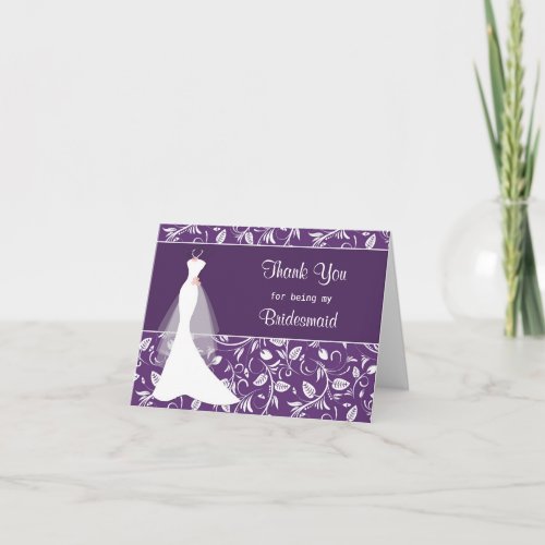 Wedding dress damask on purple Thank you Card