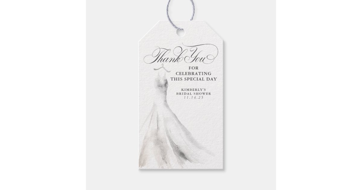 Wedding Dress Elegant Bridal Shower Thank You Gift Tags | Zazzle