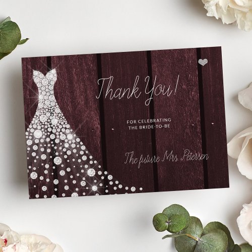 Wedding dress elegant burgundy bridal shower thank you card