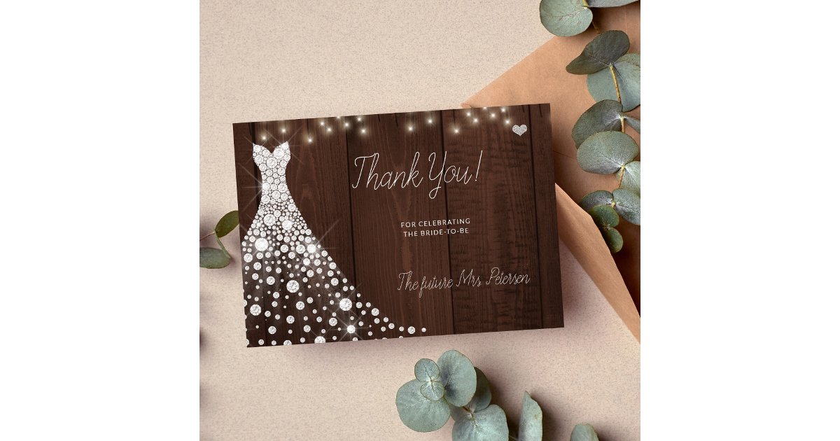 Wedding dress elegant wood bridal shower thank you card | Zazzle