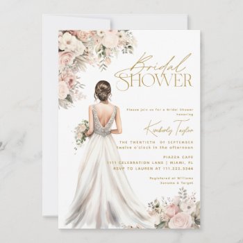 Wedding Dress Gown Brunette Floral Bridal Shower Invitation by rusticwedding at Zazzle