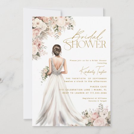 Wedding Dress Gown Brunette Floral Bridal Shower Invitation