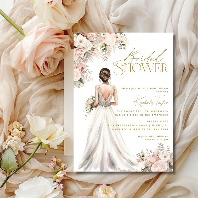 Wedding Dress Gown Brunette Floral Bridal Shower Invitation (Wedding Dress Gown Brunette Floral Bridal Shower Invitation)