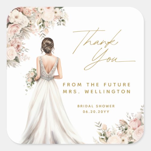 Wedding Dress Gown Brunette Floral Bridal Shower Square Sticker