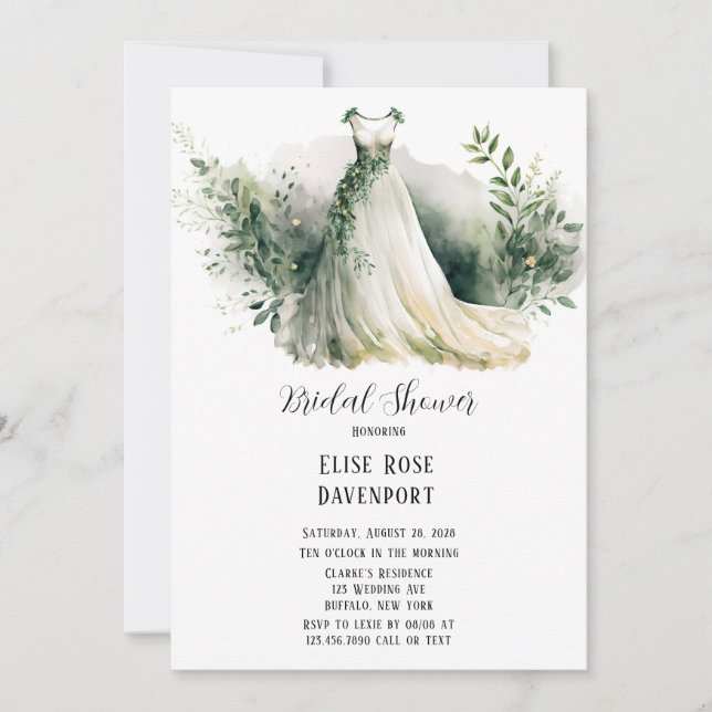 Wedding Dress Greenery Watercolor Bridal Shower Invitation (Front)