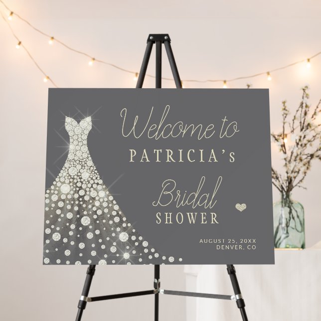 Wedding dress grey bridal shower welcome sign (In Situ (Stand))