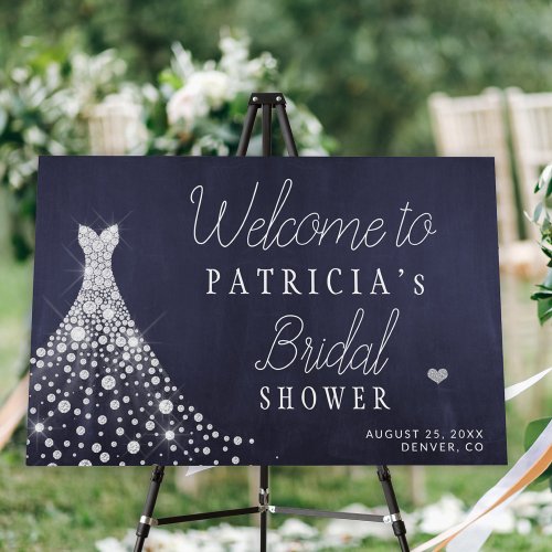 Wedding dress navy blue bridal shower welcome sign