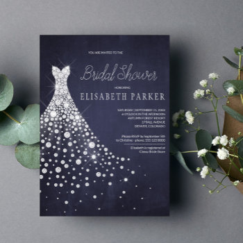 Wedding Dress Navy Blue Chalkboard Bridal Shower Invitation by invitations_kits at Zazzle