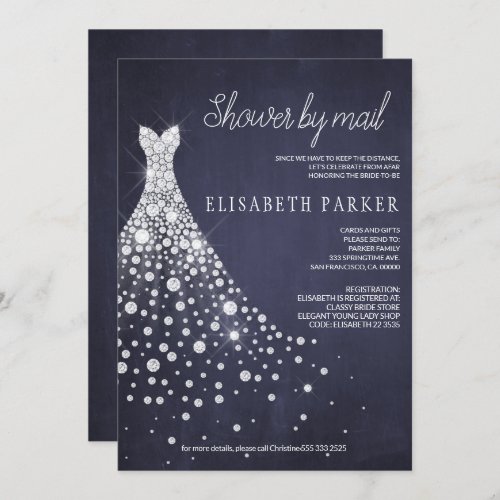 Wedding Dress Navy Blue Chalkboard Shower by Mail Invitation