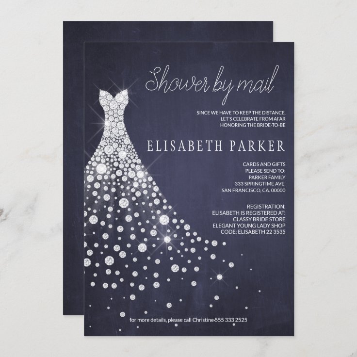 Wedding Dress Navy Blue Chalkboard Shower by Mail Invitation | Zazzle