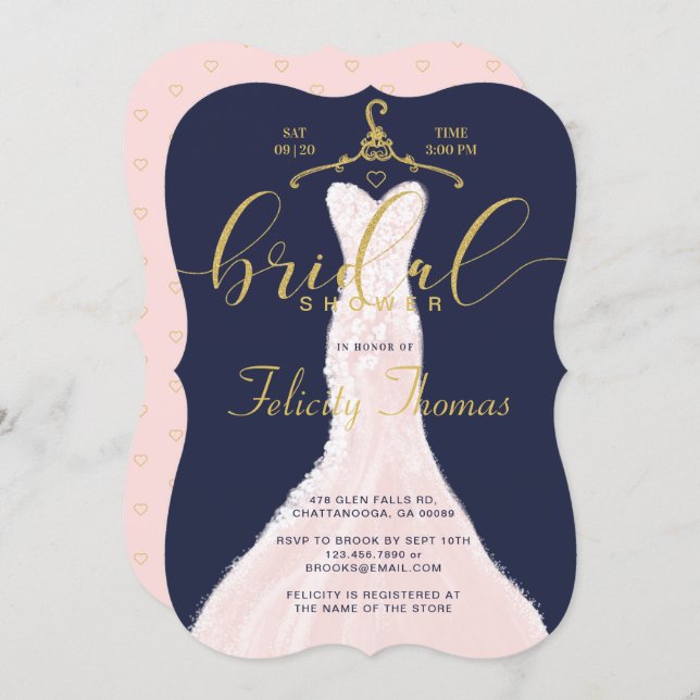 Wedding Dress Navy Gold Bridal Shower Invitation (Front/Back)