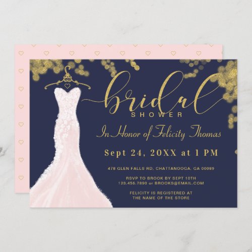 Wedding Dress Navy Gold Bridal Shower Invitation