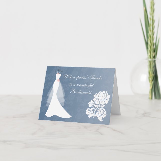 Wedding dress on blue Thank You Bridesmaid card (Front)