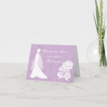 Wedding Dress On Purple Thank You Bridesmaid Card by IrinaFraser at Zazzle