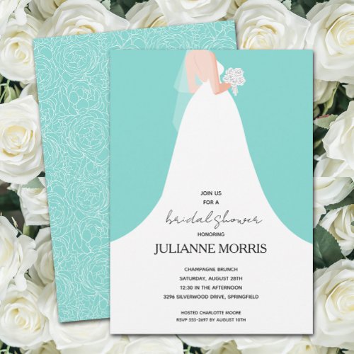 Wedding Dress on Turquoise Bridal Shower Invitation