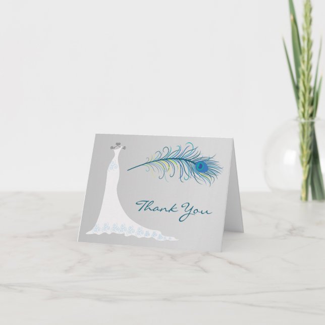 Wedding dress, Peacock feather Thank you Card (Front)