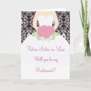 Wedding dress, pink damask on black Bridesmaid Invitation