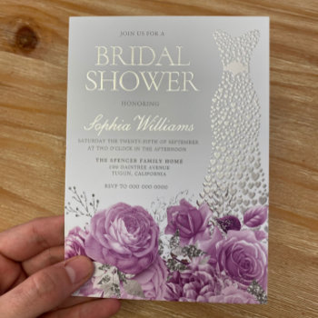 Wedding Dress Purple Lavender Floral Bridal Shower Foil Invitation by Nicheandnest at Zazzle